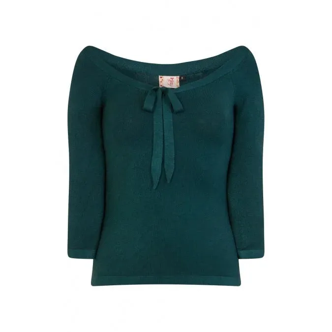 3/4 Sleeve Bottle Green Stretch Bardot Bow Top Jumper