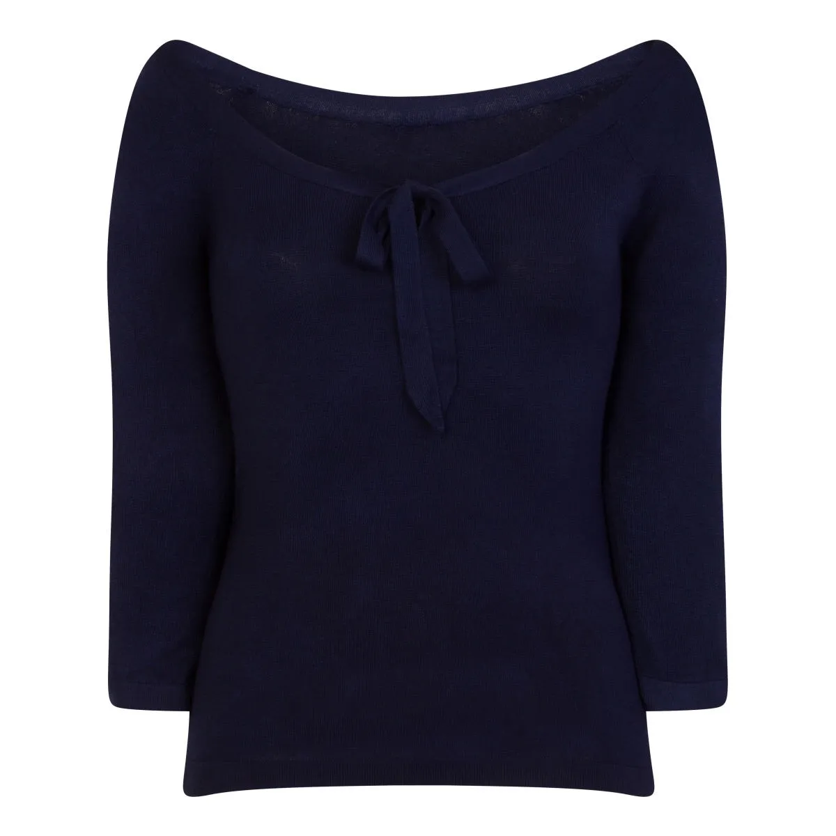 3/4 Sleeve Midnight Blue Stretch Bardot Bow Top Jumper