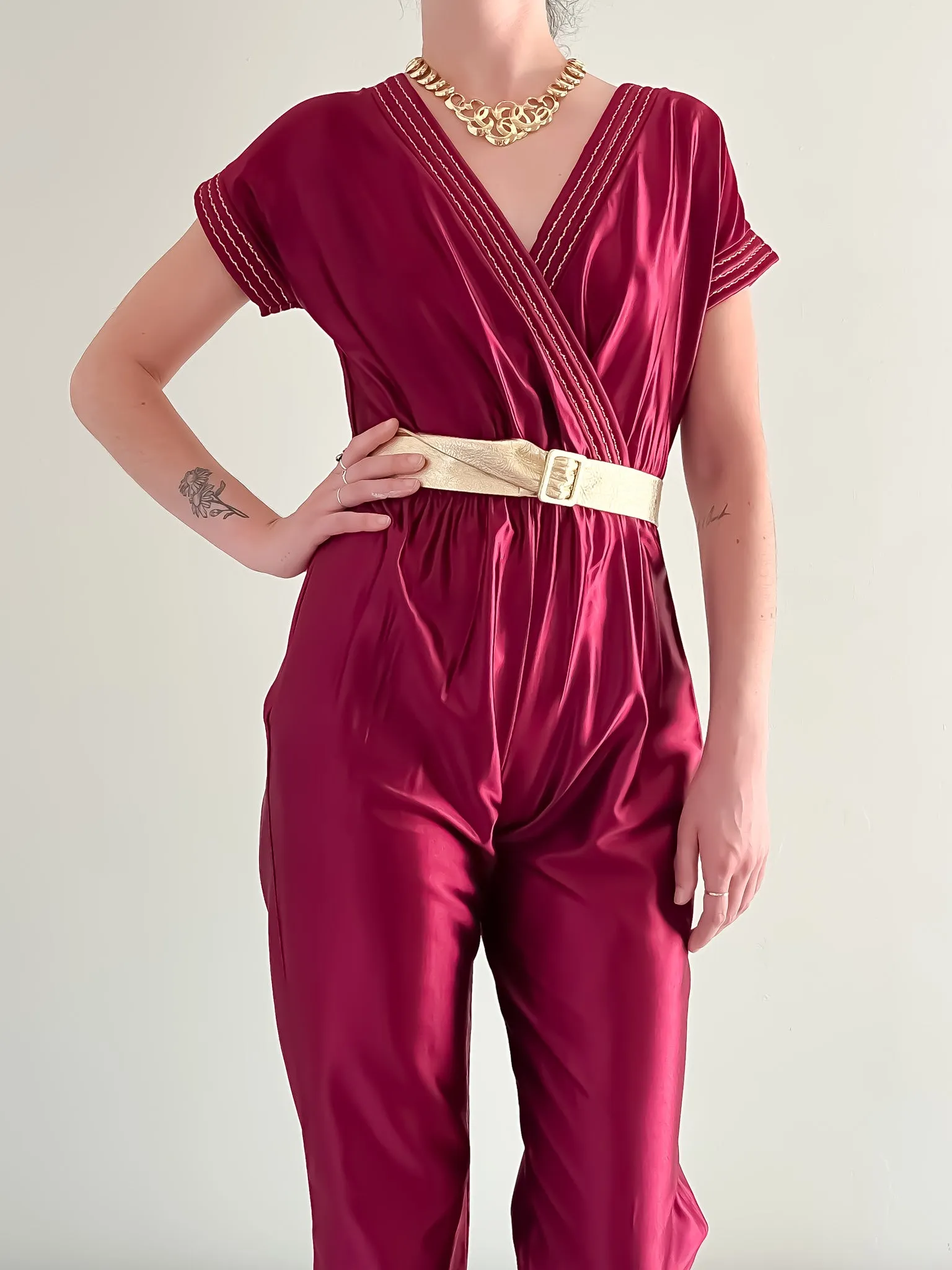 Amazing 1980's Disco Burgundy and Gold Jumpsuit  / Sz XS