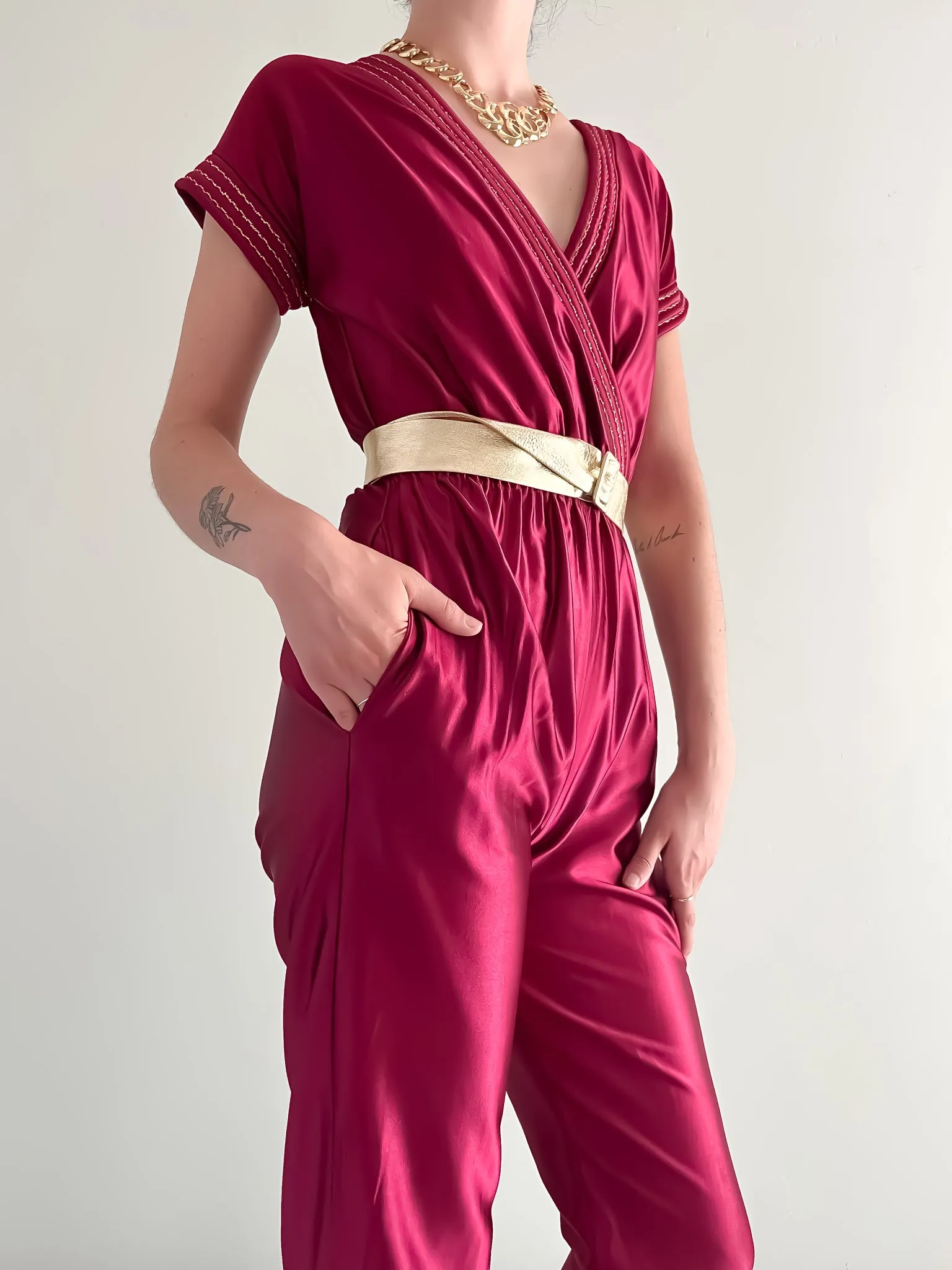 Amazing 1980's Disco Burgundy and Gold Jumpsuit  / Sz XS