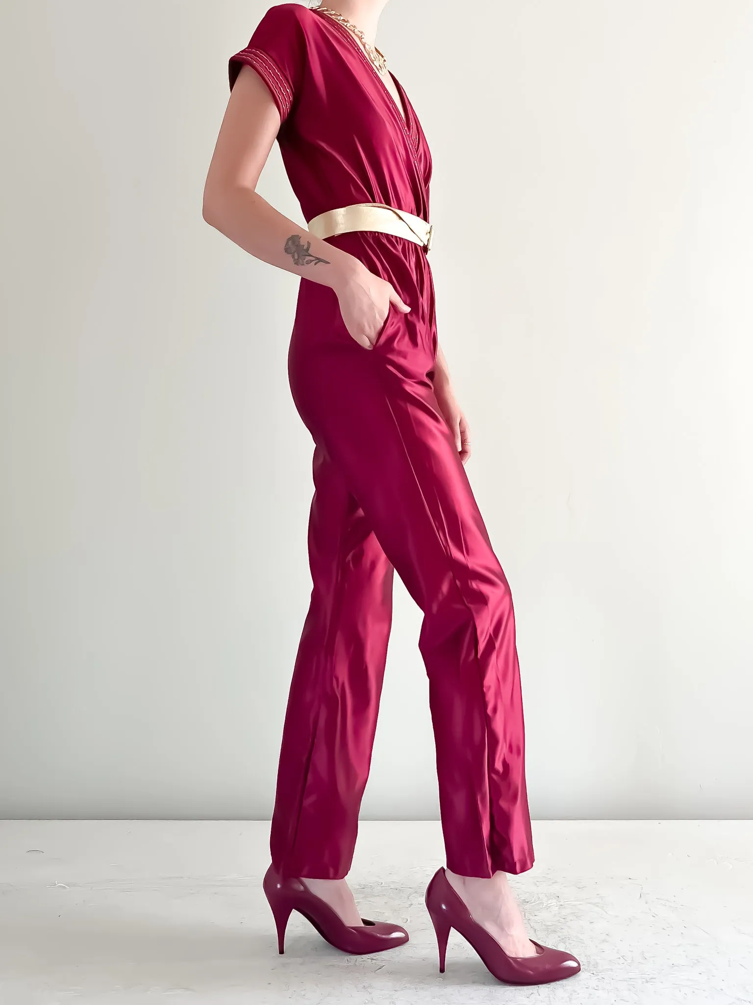 Amazing 1980's Disco Burgundy and Gold Jumpsuit  / Sz XS