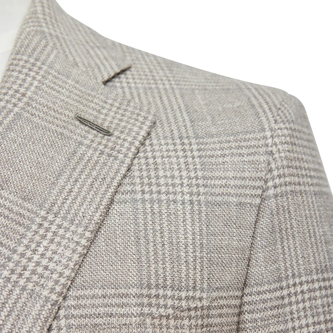 Beige Grey Wool, Silk & Cashmere Glencheck Blazer