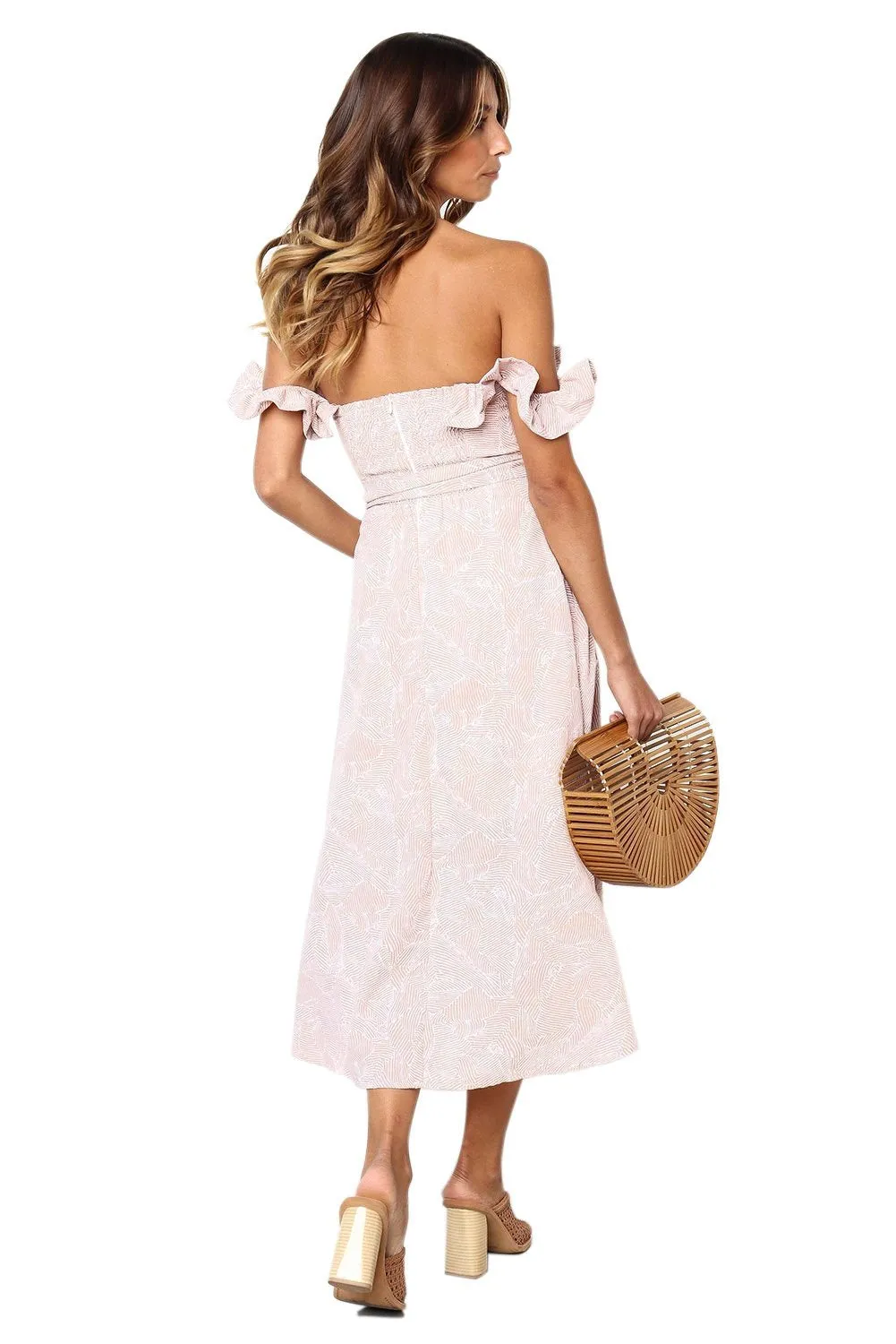 Beige Off Shoulder Cap Sleeve Floral Dress