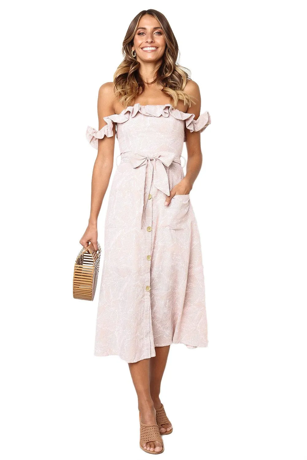 Beige Off Shoulder Cap Sleeve Floral Dress