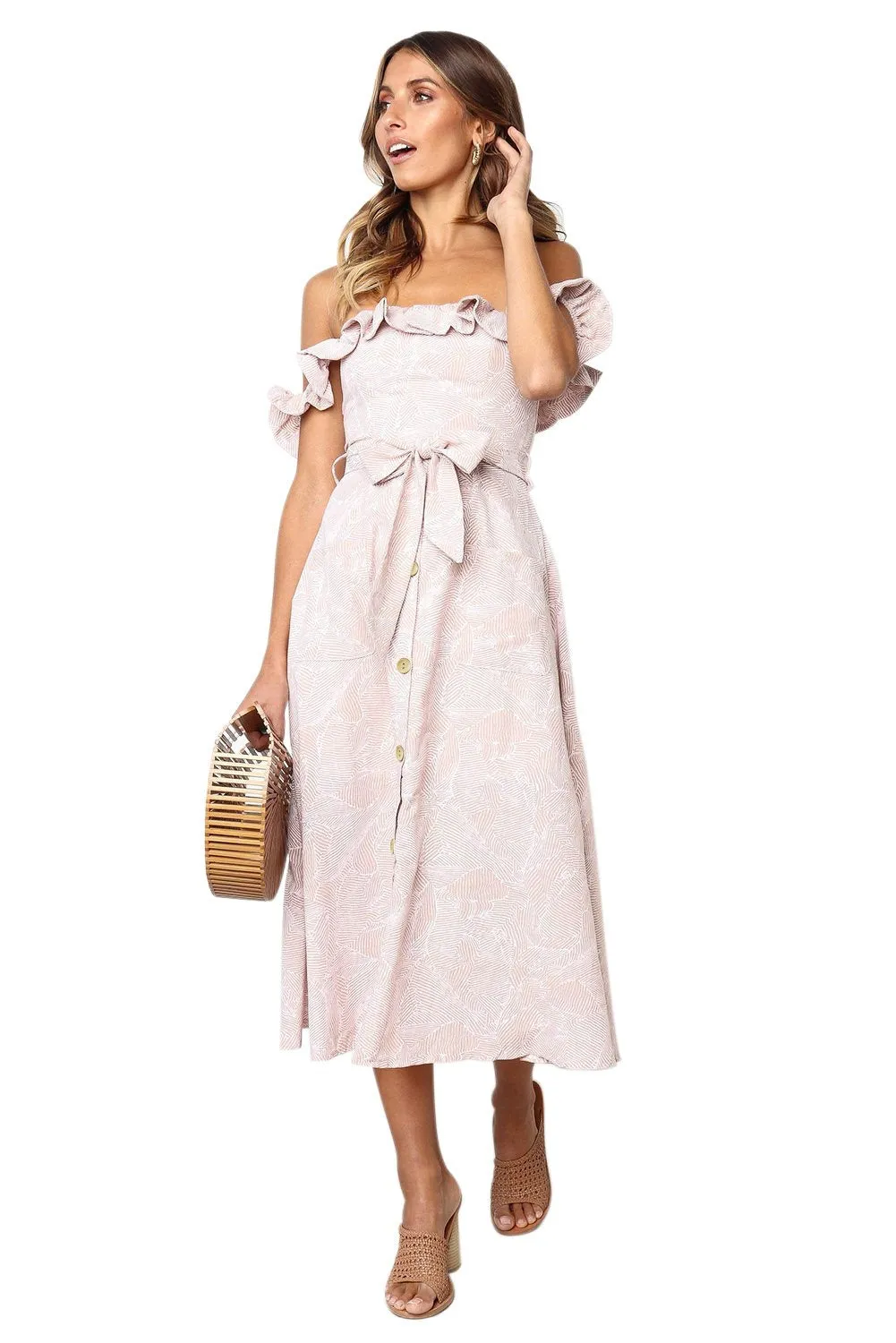 Beige Off Shoulder Cap Sleeve Floral Dress