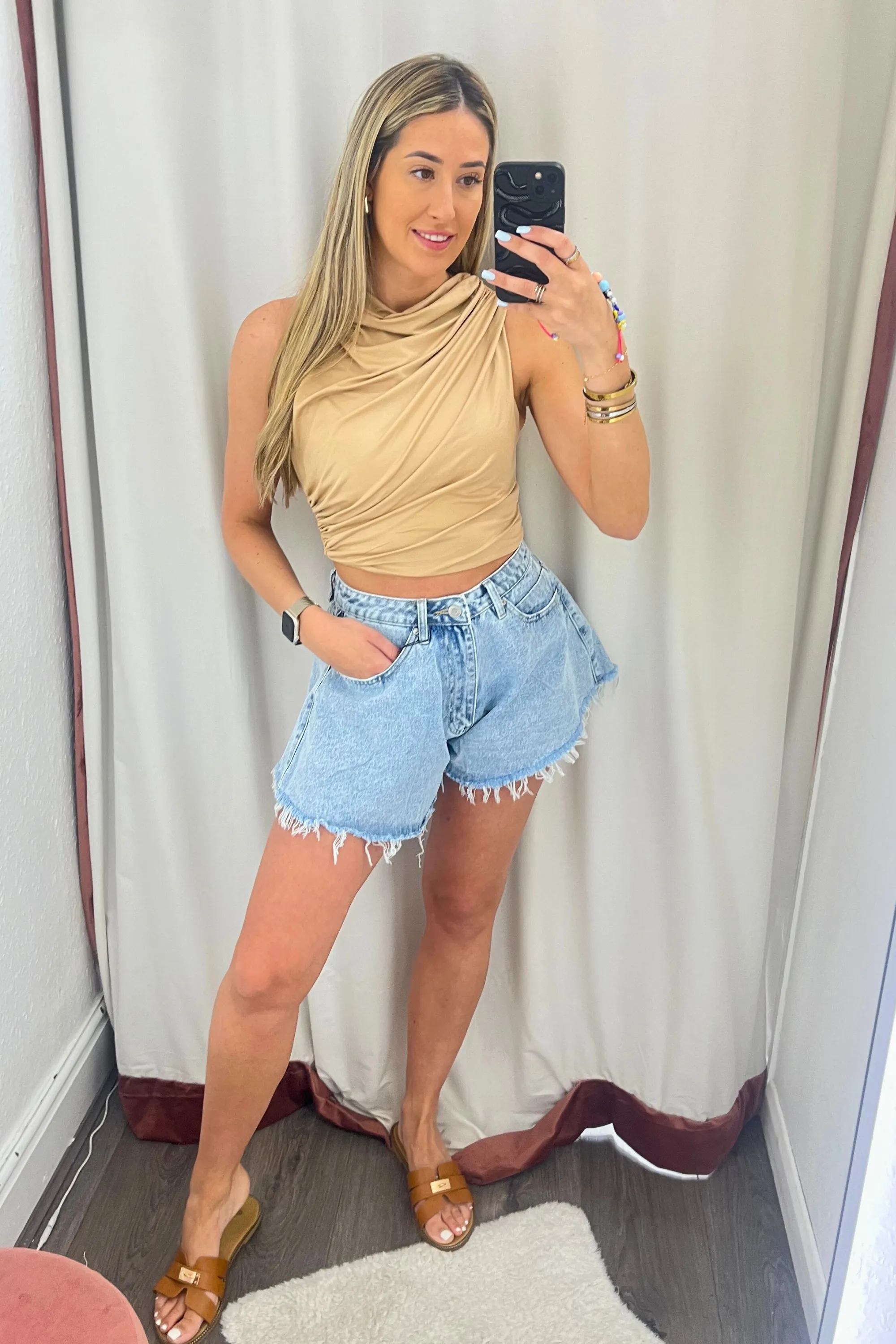 Beige Ruched Round Neck Crop Tops