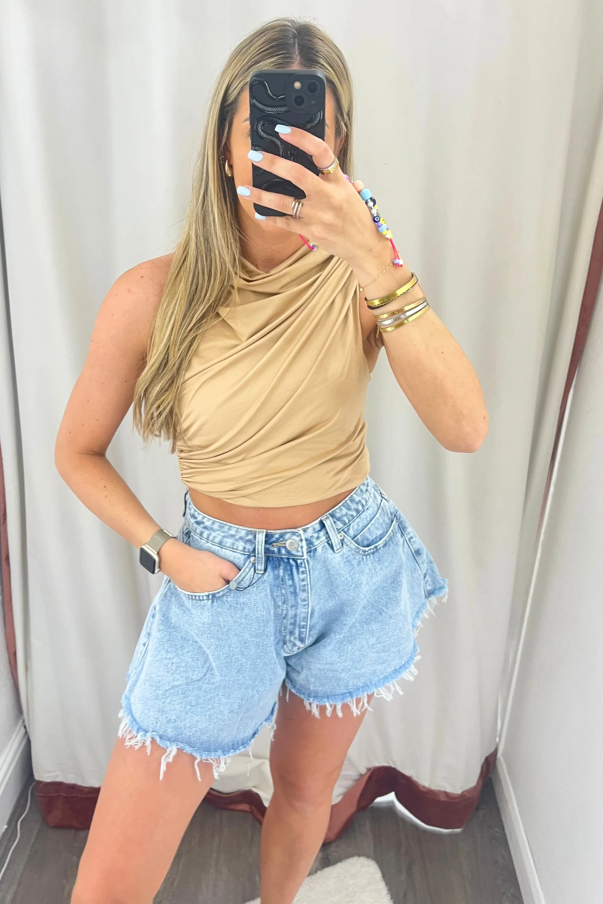 Beige Ruched Round Neck Crop Tops