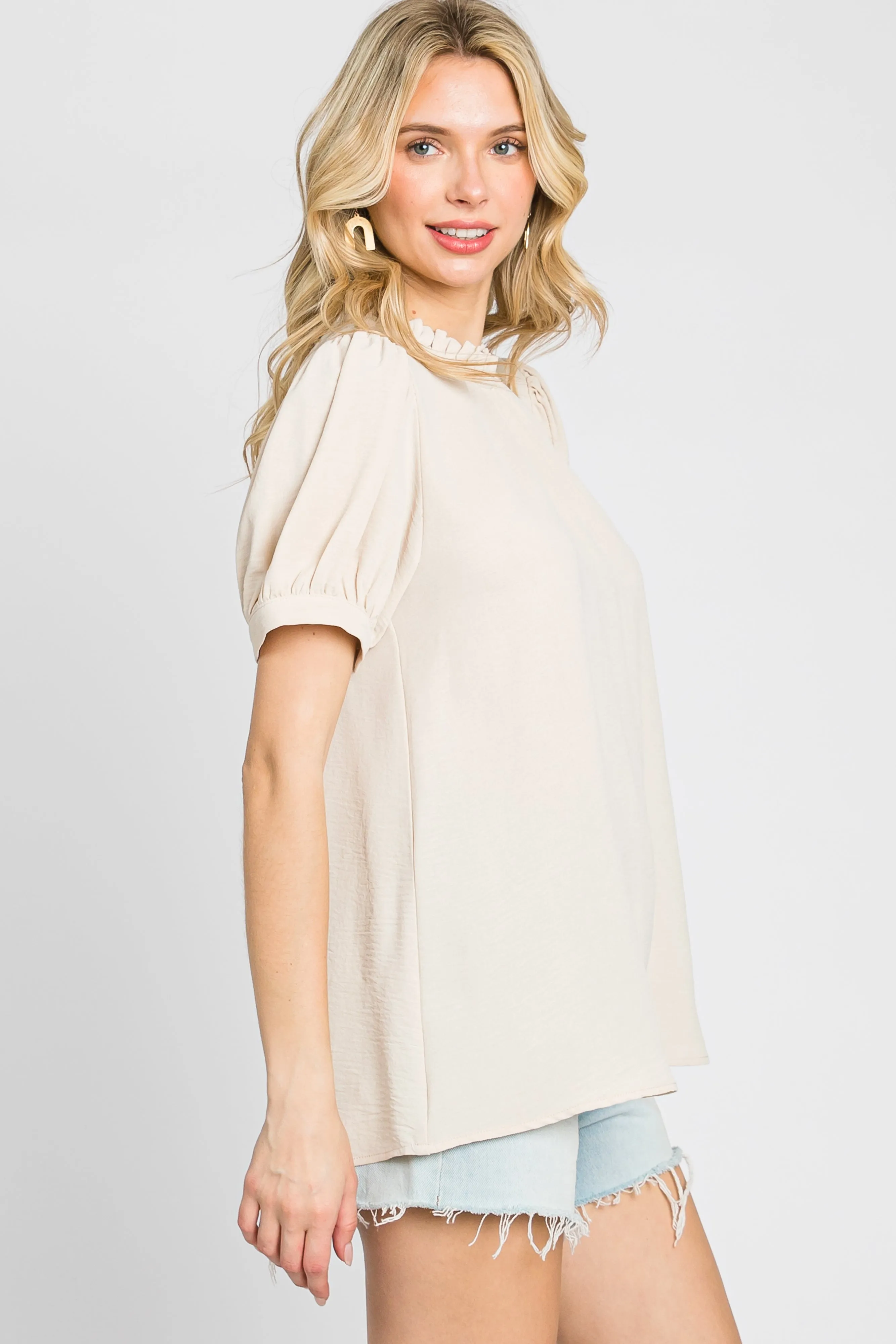 Beige Ruffle Mock Neck Blouse Top