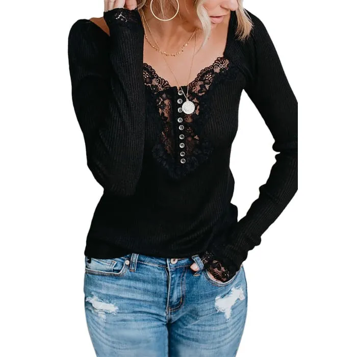 Black Lace Trimmed Henley