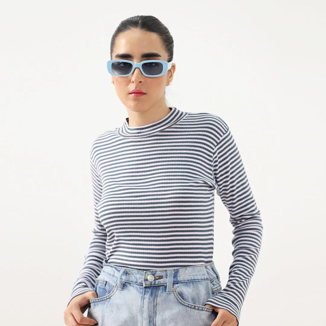 Blue Striped Mock Neck Long Sleeve Top