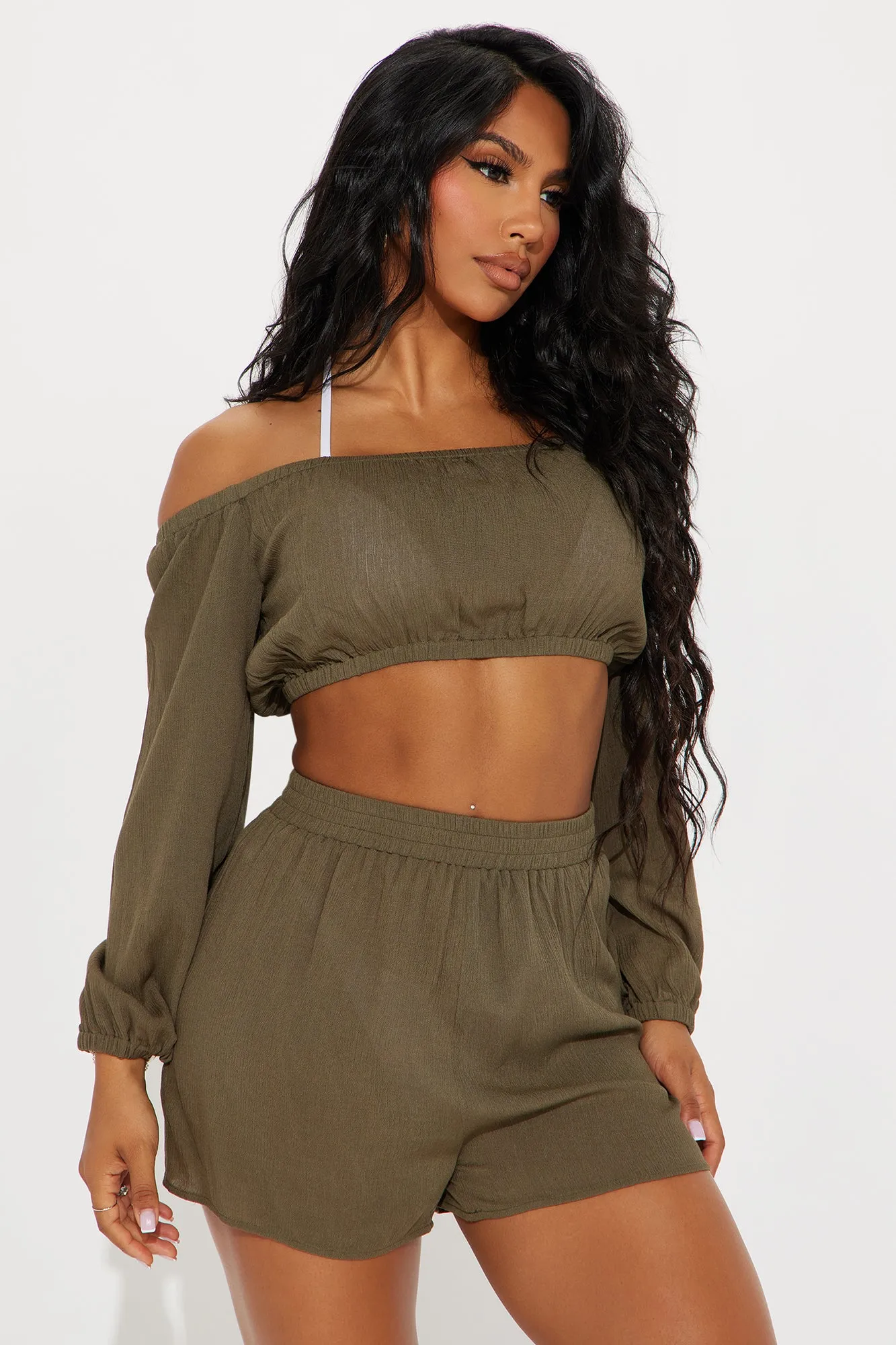 Breezy Paradise Linen Off Shoulder Cover Up Shorts Set - Olive