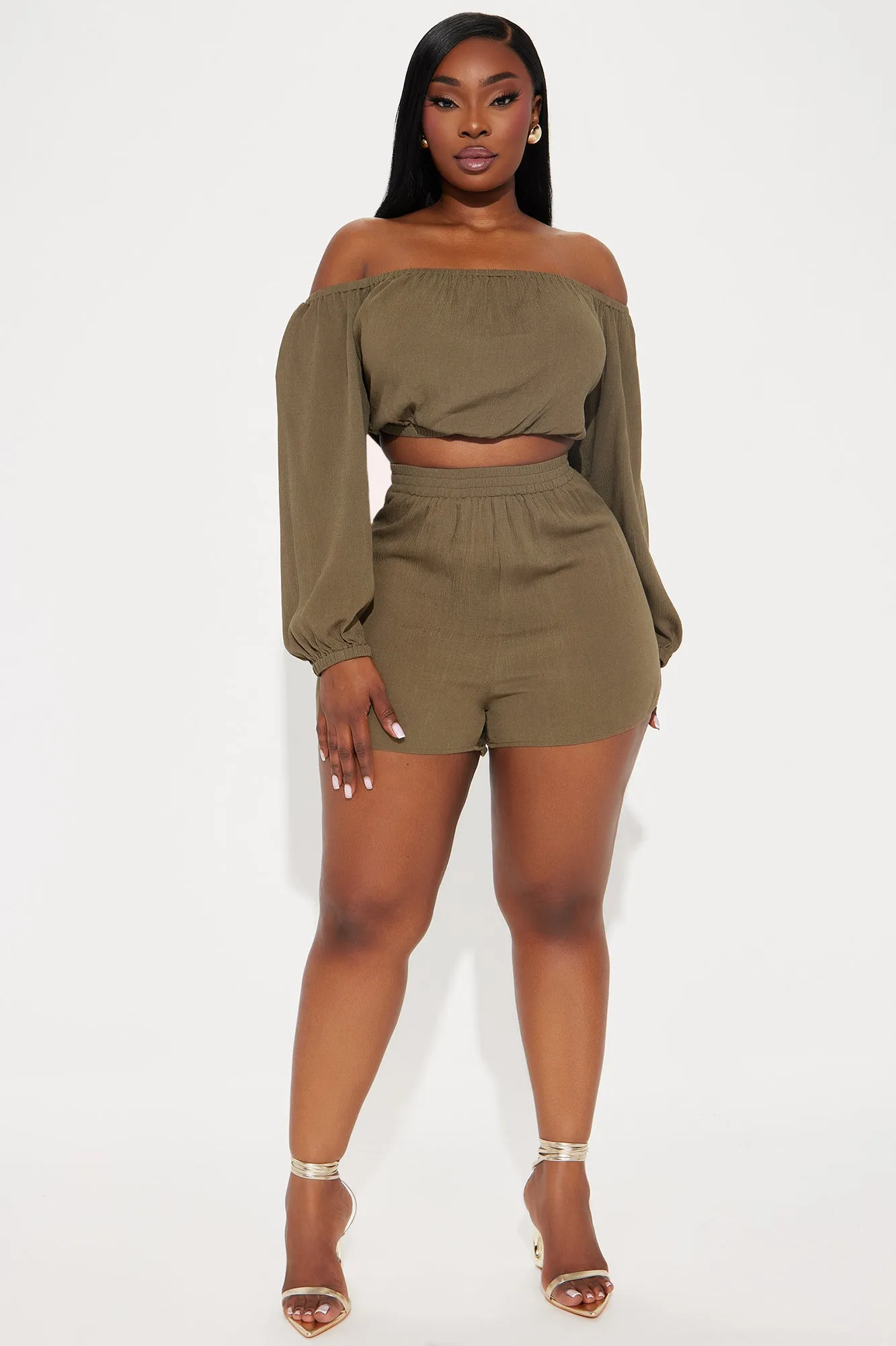 Breezy Paradise Linen Off Shoulder Cover Up Shorts Set - Olive