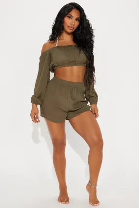 Breezy Paradise Linen Off Shoulder Cover Up Shorts Set - Olive