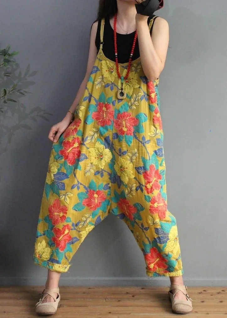 Chic Yellow Print High Waist Cotton Jumpsuit Sleeveless MN071