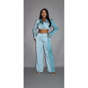 Colorblock Crop Blazer With Matching Low Rise Wide Leg Pant Set With Pockets