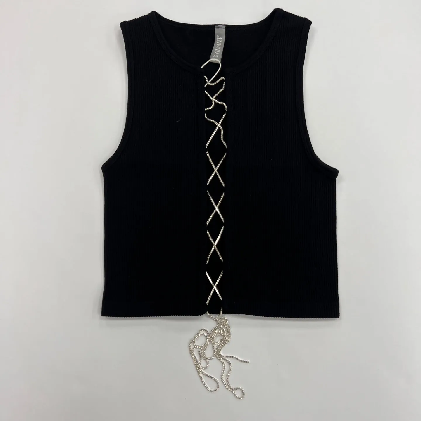 Criss Cross Rinestones Lace Up Seamless Tank Top