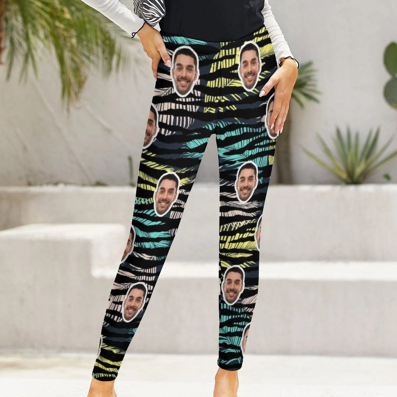 Custom Face Tropical Stripes Leggings Design Your Own Leggings