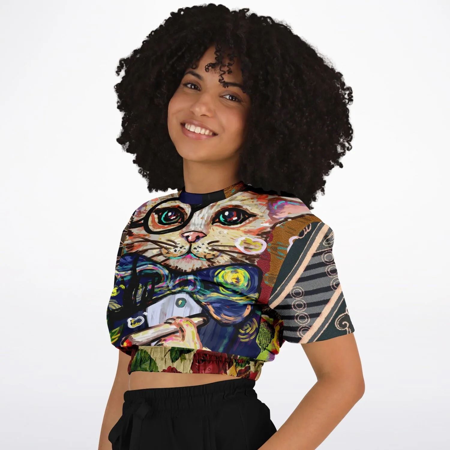 Dapper Cat Short Sleeve Cropped Eco-Poly Sweater