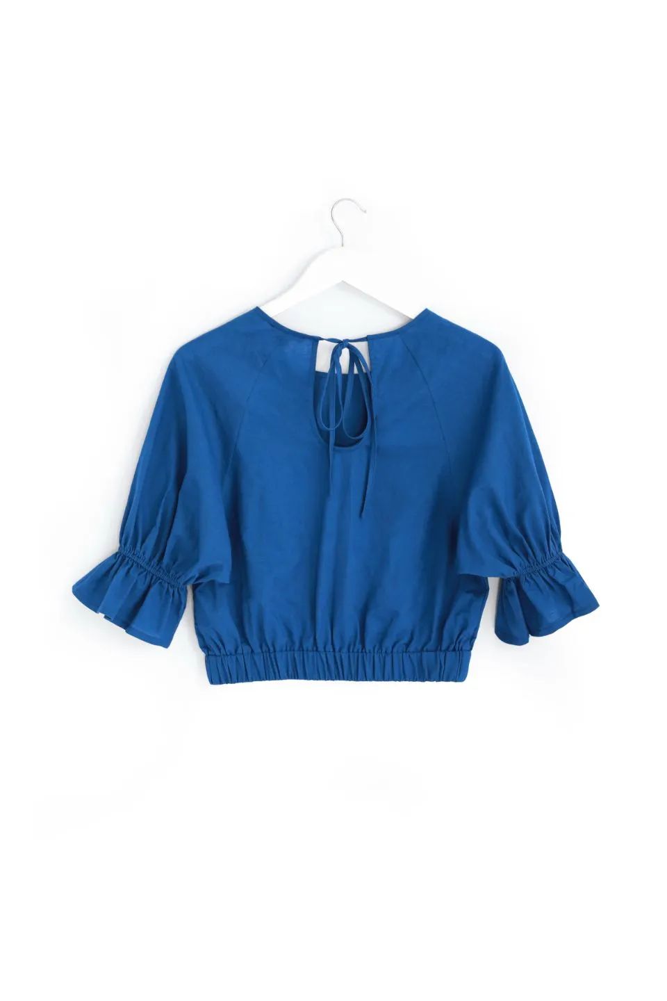 Dare Me Cornflower Blue Linen Puff Sleeve Tie Back Crop Top