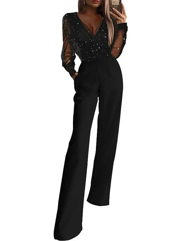 Elegant Black Sequin Mesh Jumpsuit for Women - V-Neck Long Sleeve Party Prom Wear