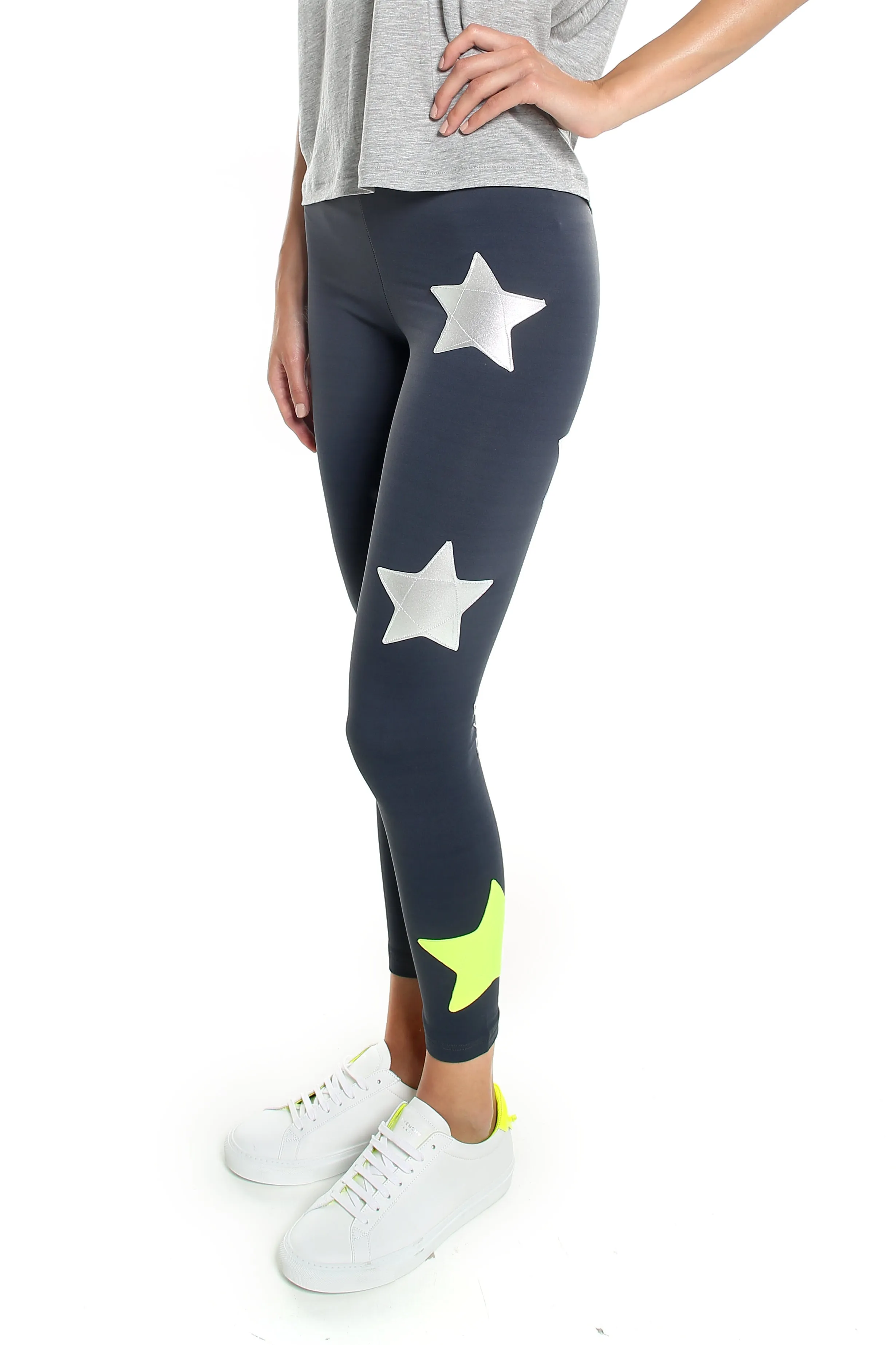 Gemelli Leggings grigio, stelle Argento e Giallo Fluo