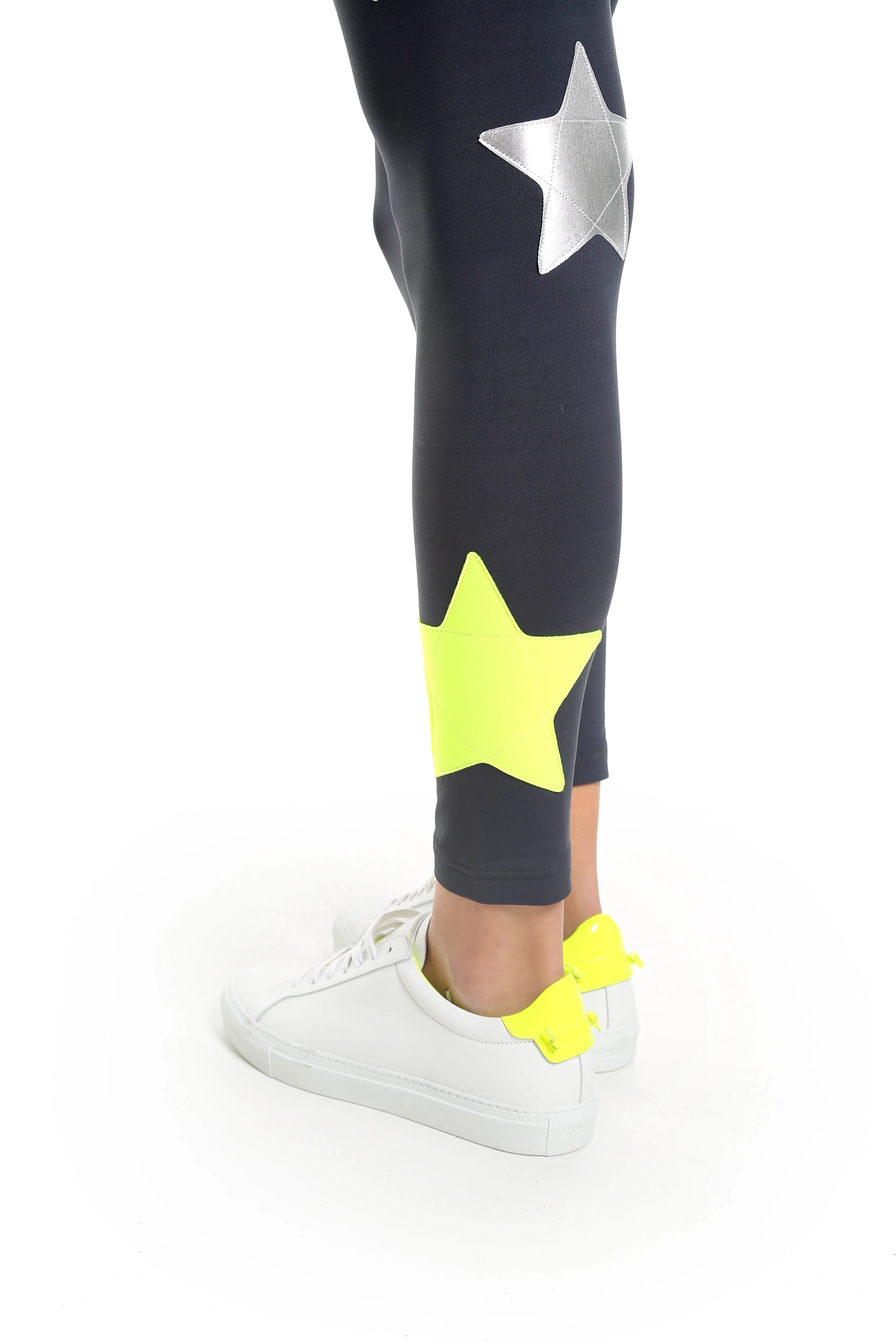 Gemelli Leggings grigio, stelle Argento e Giallo Fluo