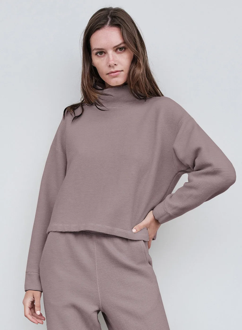 Horizontal Rib Mock Neck Pullover in Walnut