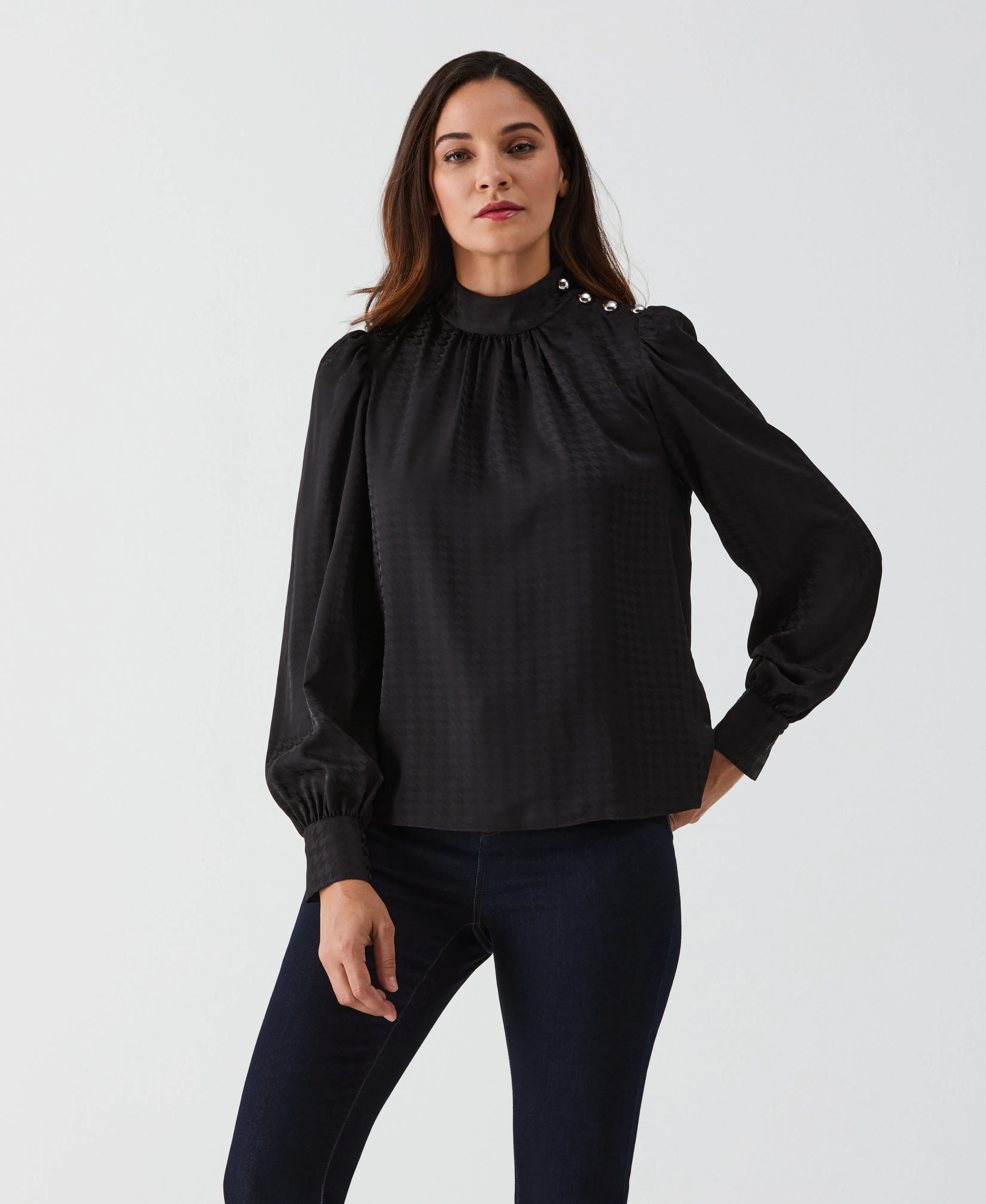 Houndstooth Button Shoulder Mock Neck Blouse