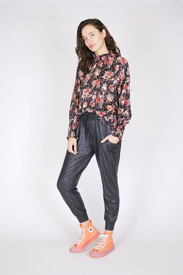 Jungle Red Rose Shirred Neck Black Top