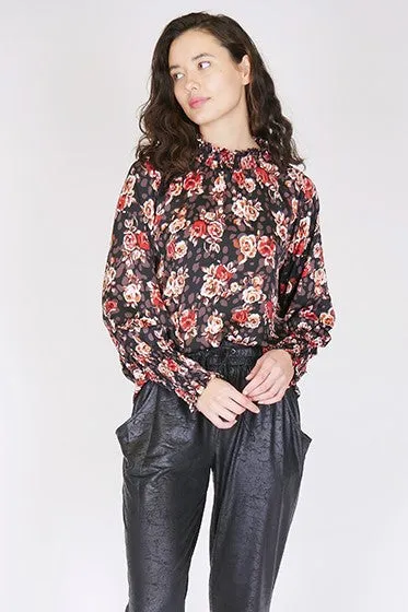 Jungle Red Rose Shirred Neck Black Top