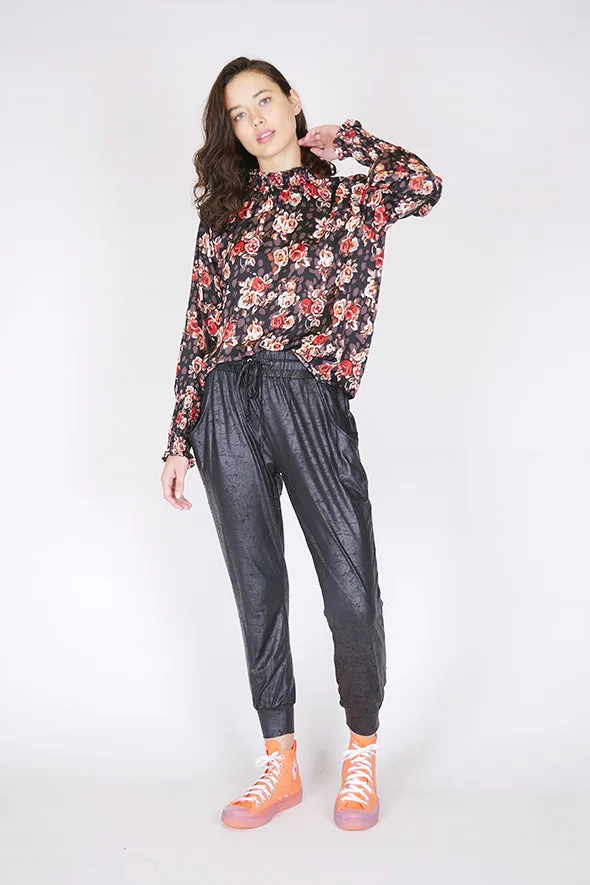 Jungle Red Rose Shirred Neck Black Top