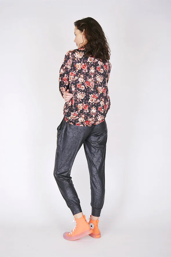 Jungle Red Rose Shirred Neck Black Top