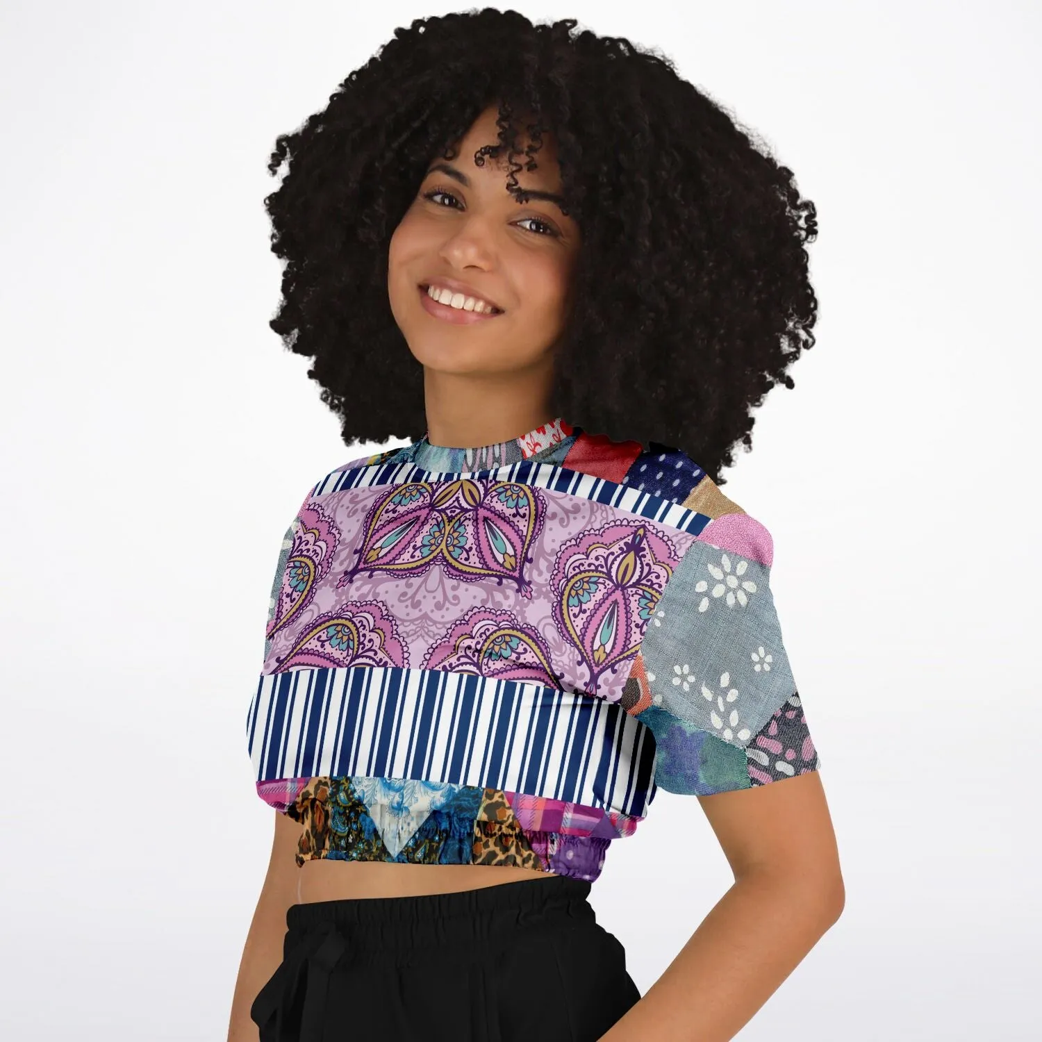 Juxtapose Patchwork Quilt Short Sleeve Cropped Eco-Poly Sweater