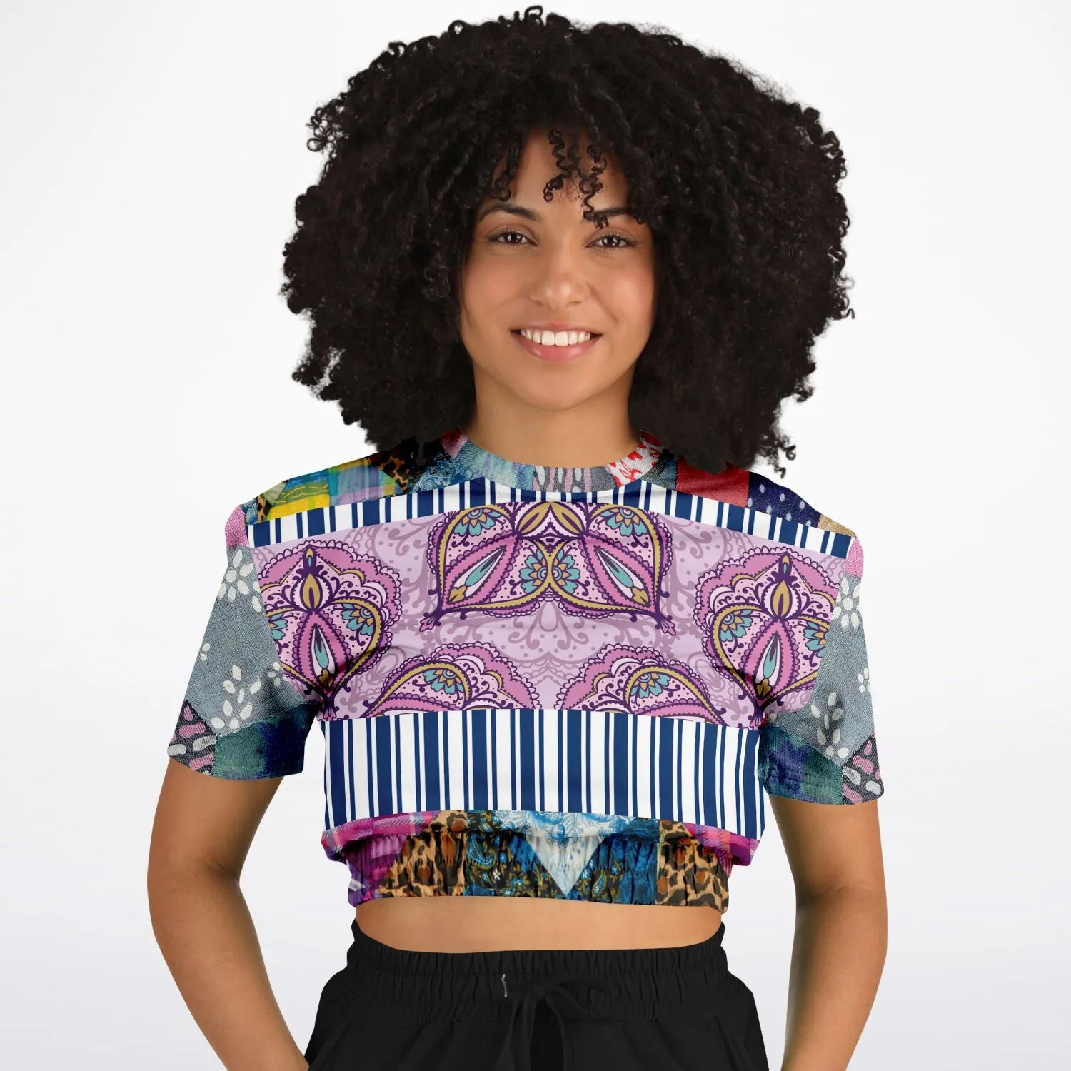 Juxtapose Patchwork Quilt Short Sleeve Cropped Eco-Poly Sweater