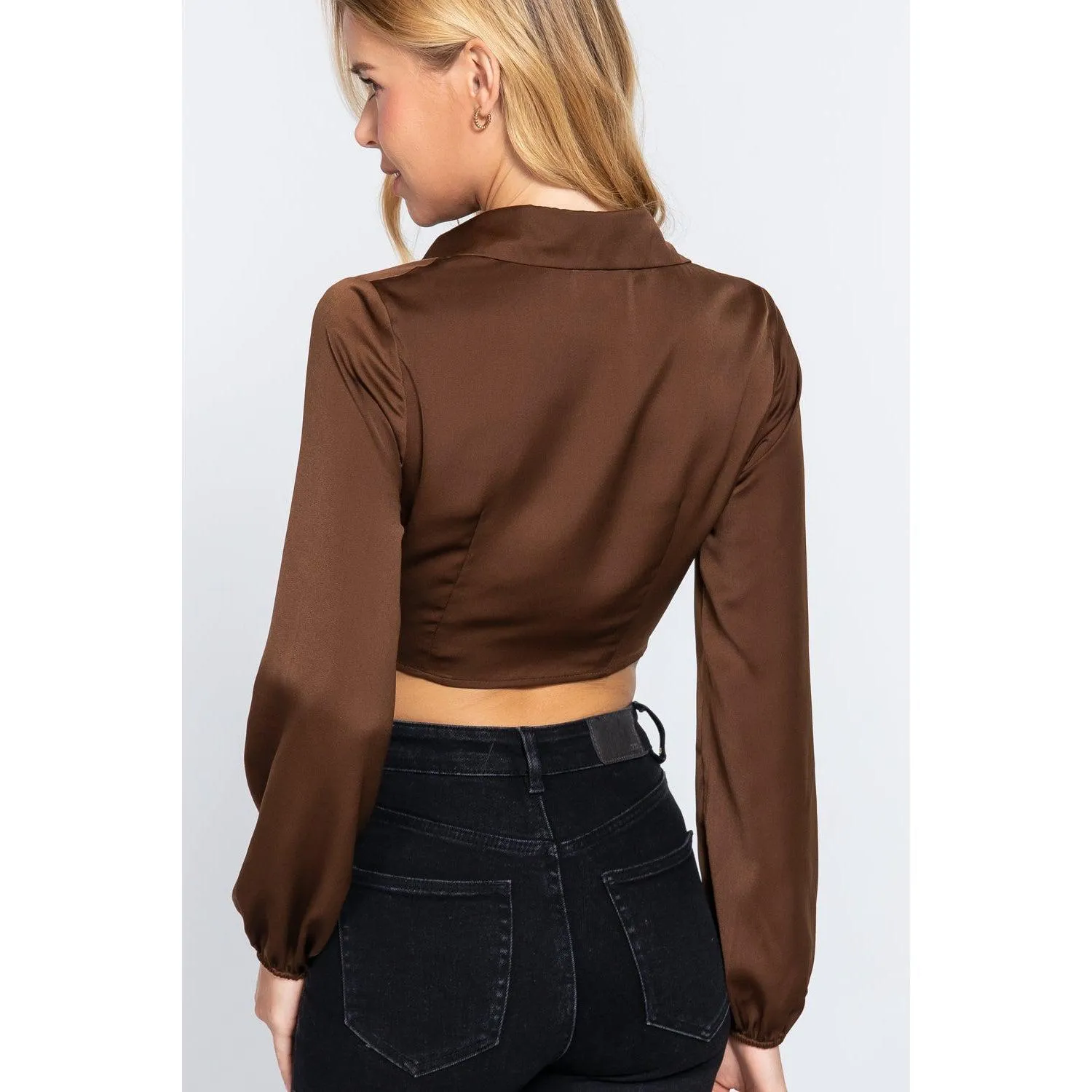 Long Sleeve Notched Collar Front Twisted Detail Crop Woven Top