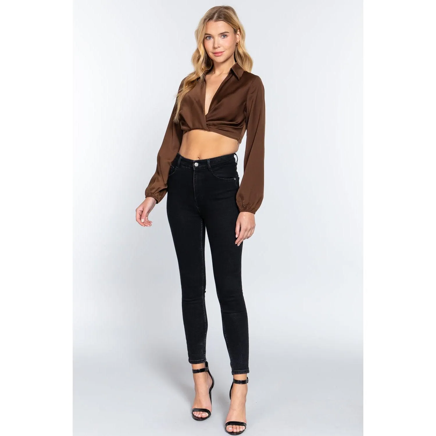 Long Sleeve Notched Collar Front Twisted Detail Crop Woven Top