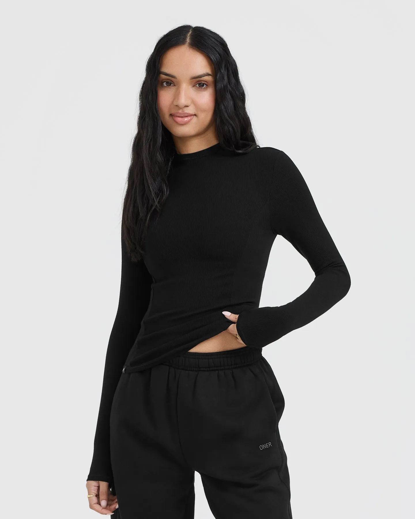 Mellow Rib Mock Neck Long Sleeve Top | Black