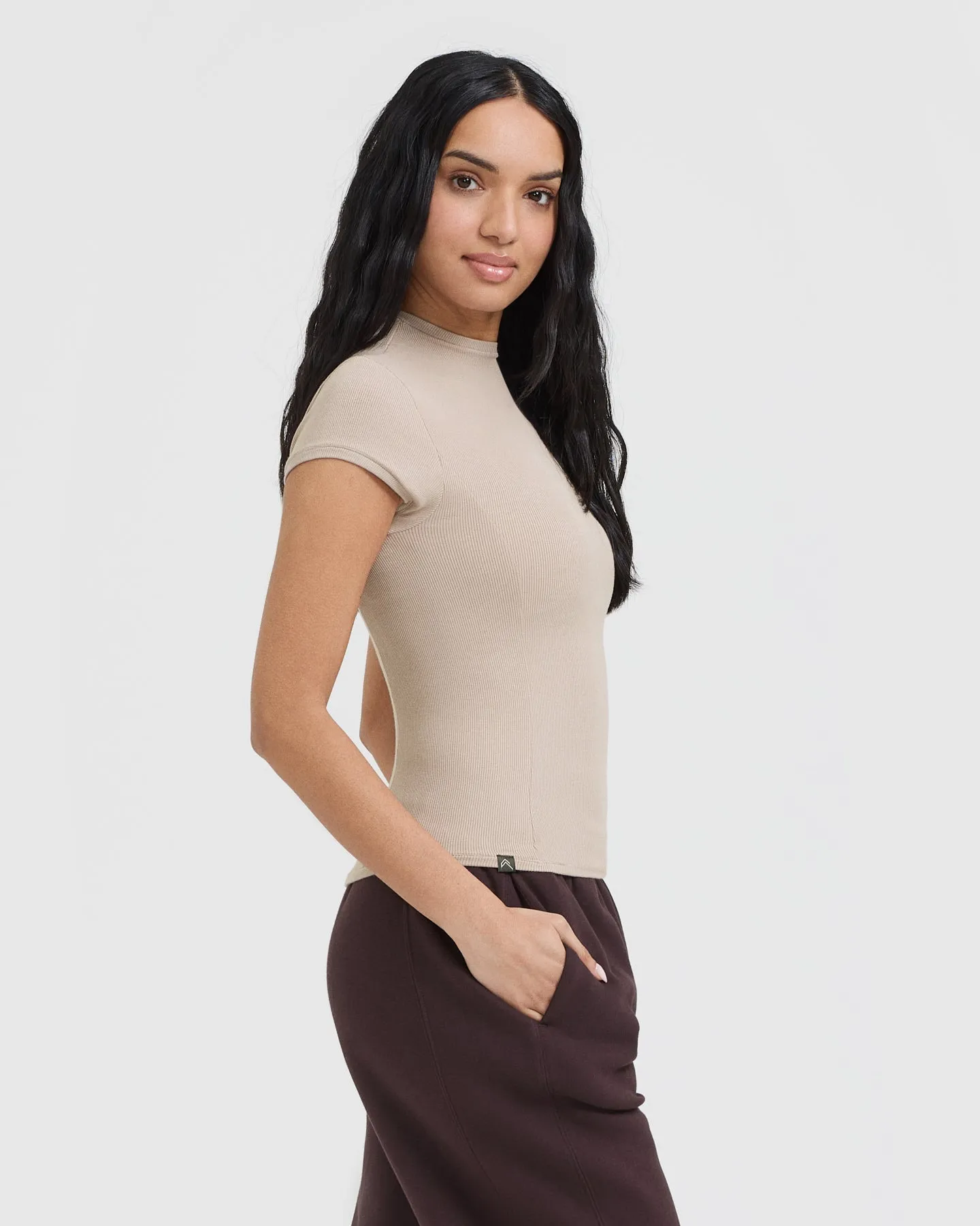 Mellow Rib Mock Neck T-Shirt | Mushroom Brown