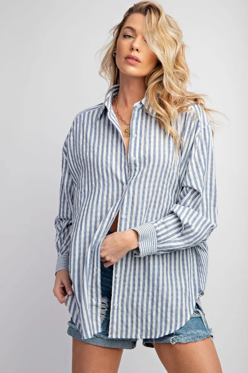 Mixed Stripe Button Down Oversized Top