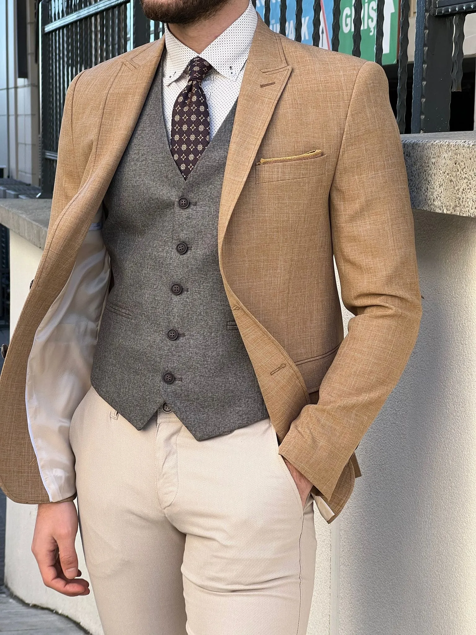 Slim Fit Self-Patterned Mustard Cotton Jacket