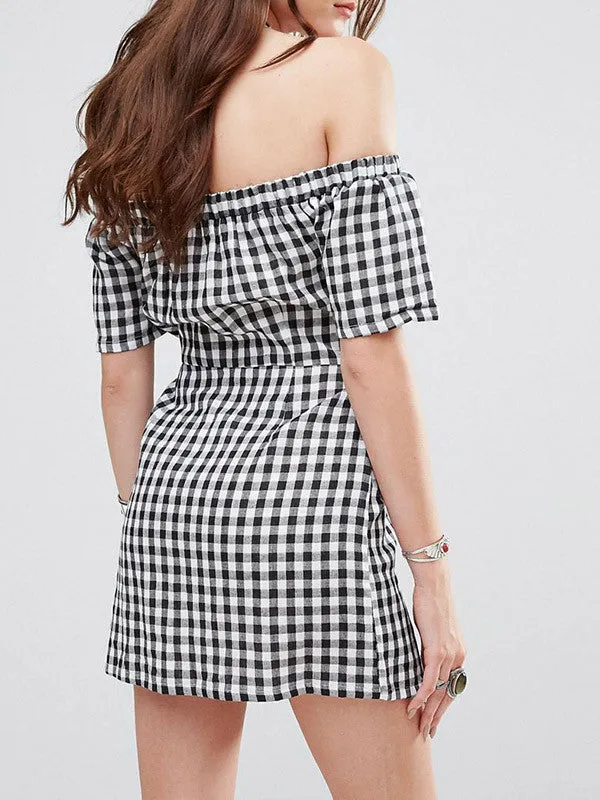 White & Black Lattice Off Shoulder Front Tie Knot Dress