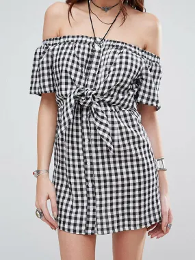 White & Black Lattice Off Shoulder Front Tie Knot Dress