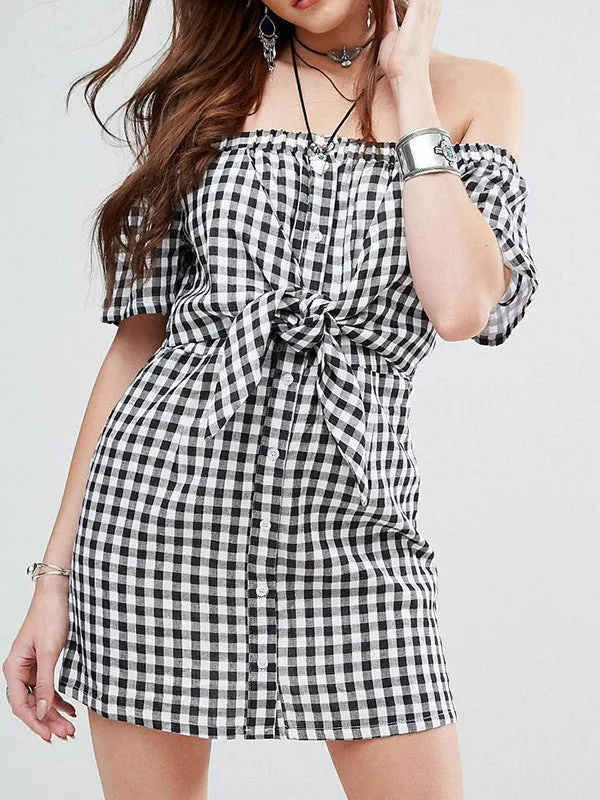 White & Black Lattice Off Shoulder Front Tie Knot Dress