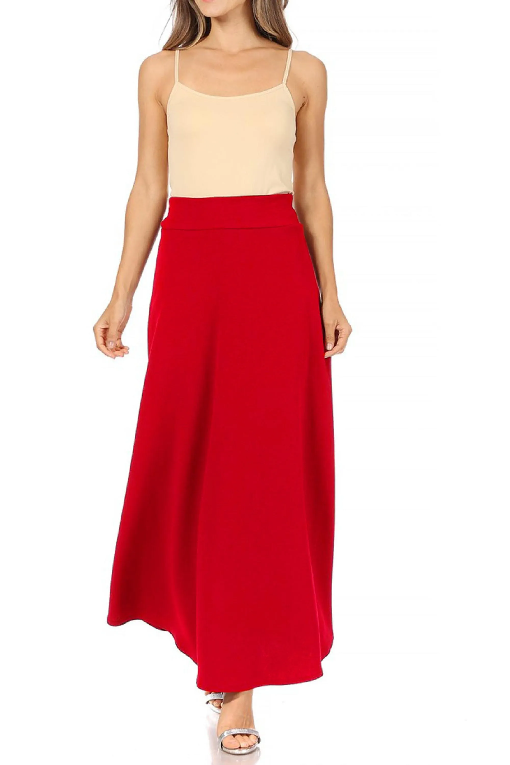 Women's Casual Solid High Waisted Flare A-line Midi Skirt with Elastic Waistband