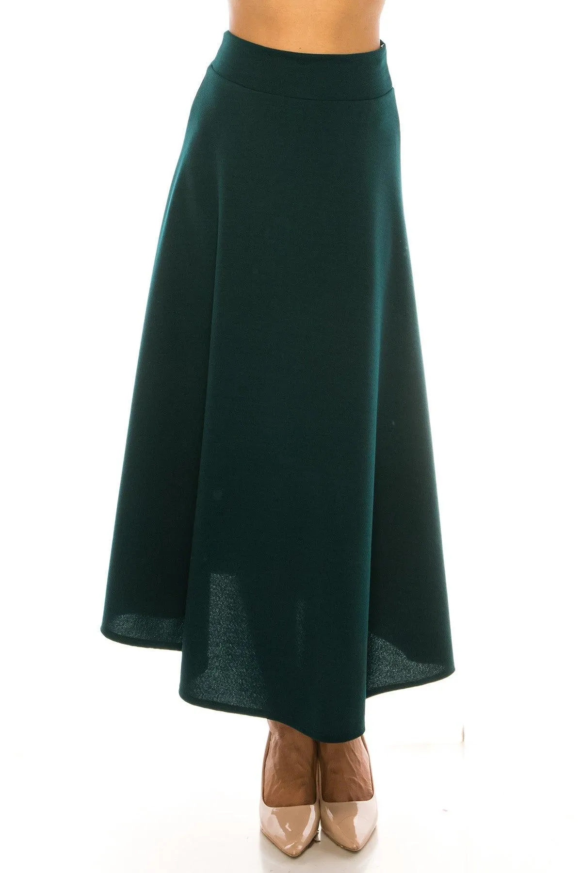 Women's Casual Solid High Waisted Flare A-line Midi Skirt with Elastic Waistband