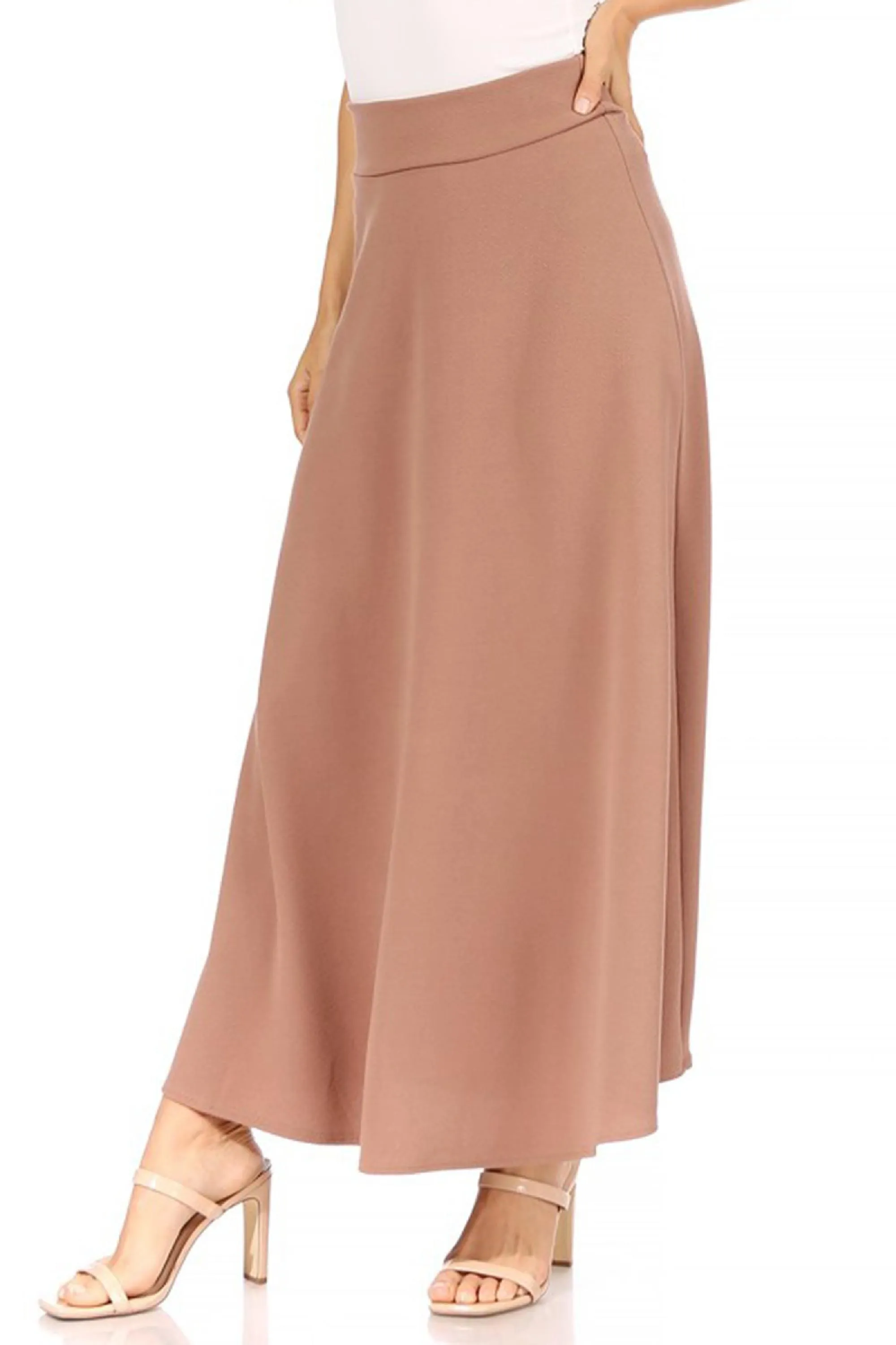 Women's Casual Solid High Waisted Flare A-line Midi Skirt with Elastic Waistband