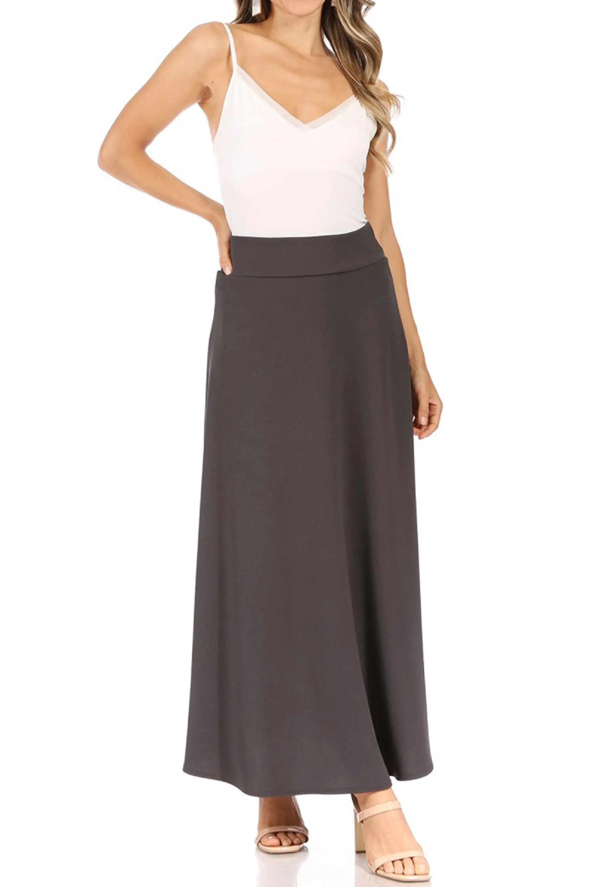 Women's Casual Solid High Waisted Flare A-line Midi Skirt with Elastic Waistband