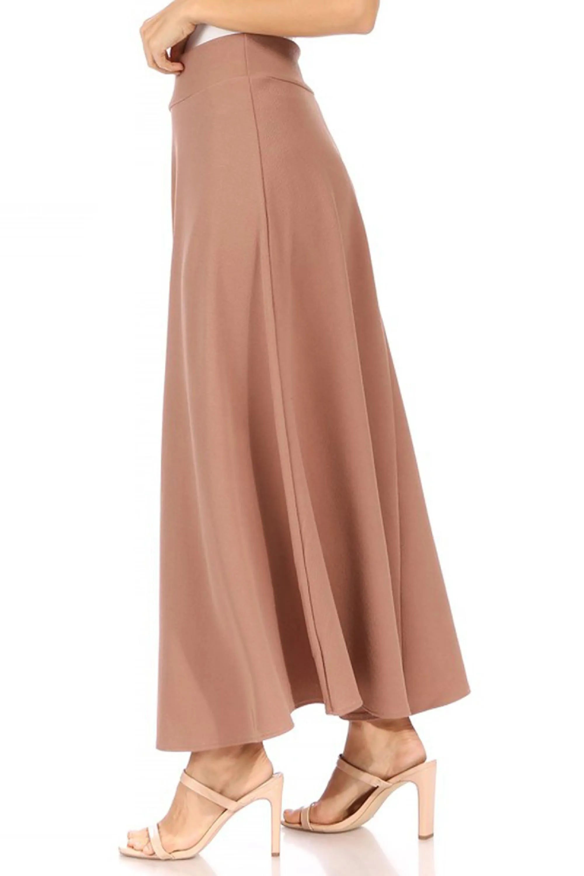 Women's Casual Solid High Waisted Flare A-line Midi Skirt with Elastic Waistband