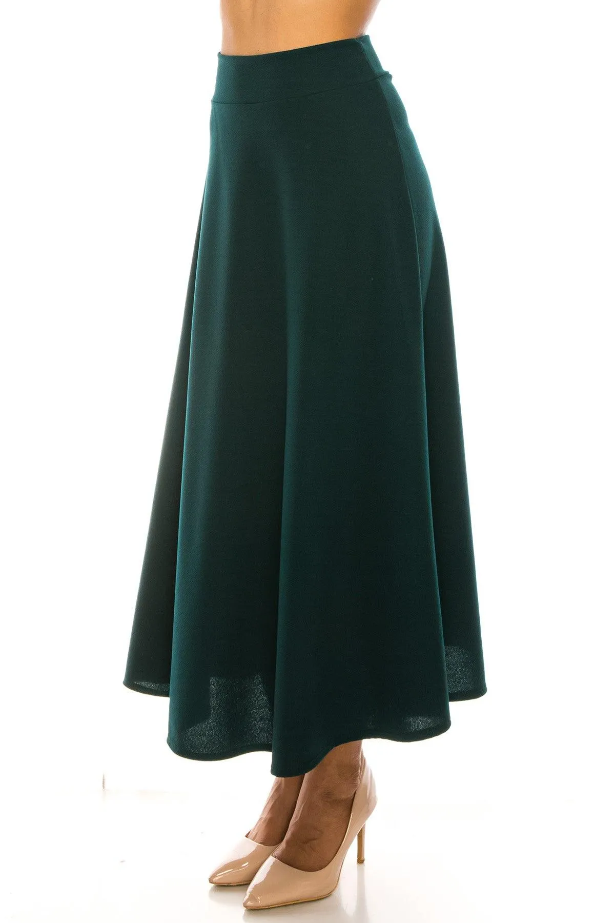 Women's Casual Solid High Waisted Flare A-line Midi Skirt with Elastic Waistband