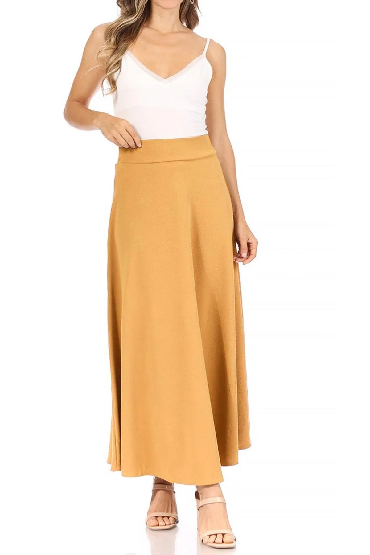 Women's Casual Solid High Waisted Flare A-line Midi Skirt with Elastic Waistband